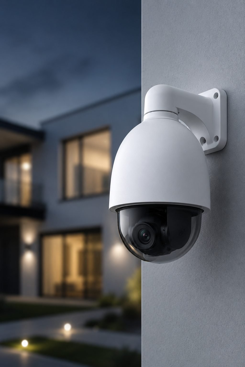 Caméra dôme devant une maison à la tombée de la nuit
