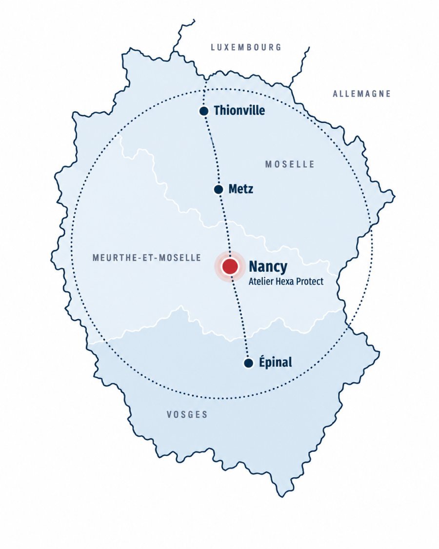 Carte de la zone d’intervention d’Hexa Protect : Thionville, Metz, Nancy et Épinal